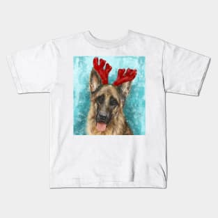 Painting of a German Shepherd With Red Reindeer Antlers Kids T-Shirt